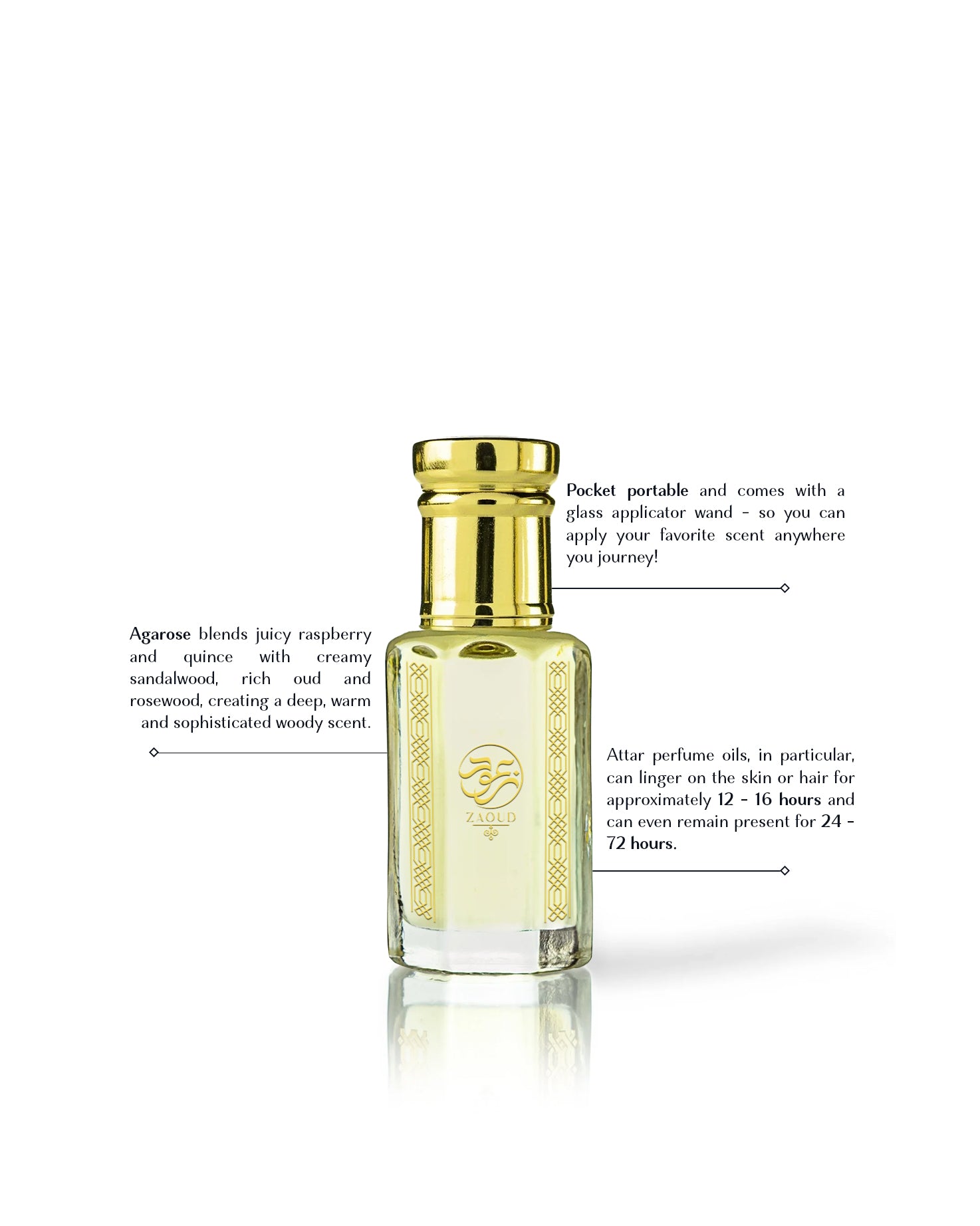 agarose perfume oil bottle with a gold cap and gold-embossed label, shown on a white background with descriptive text callouts.