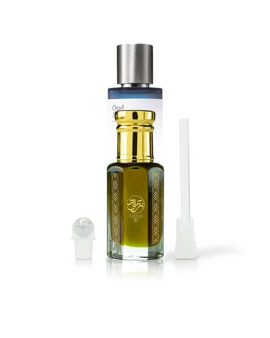 agarsun perfume oil bottle shows besides roller and stick with oud maracuja bottle behind against white background