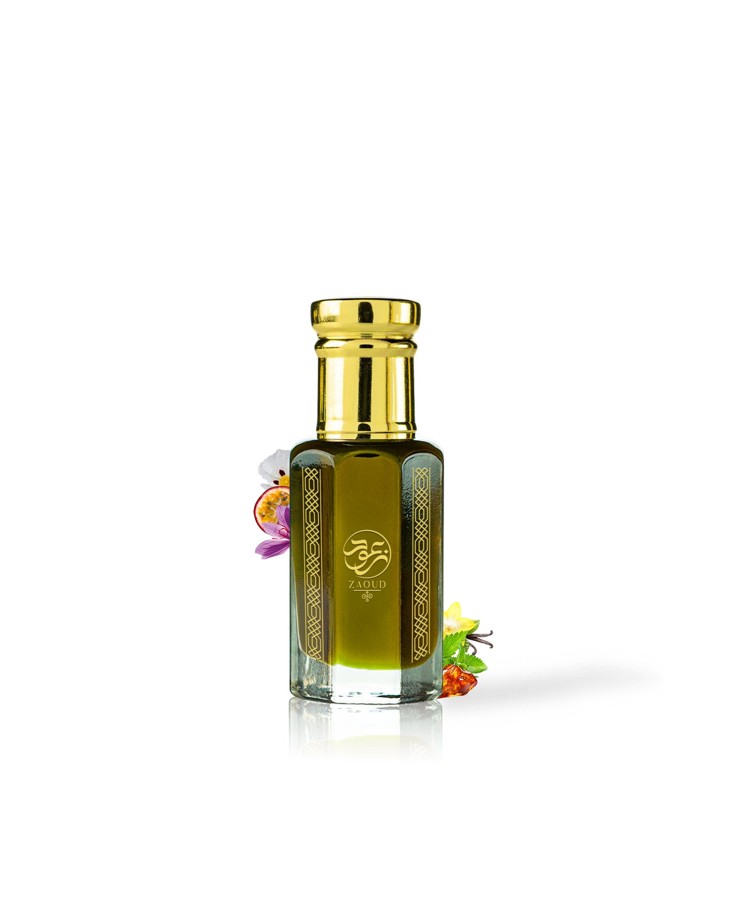 agarsun perfume oil bottle surrounded with fragrance notes like amber and saffron against white background