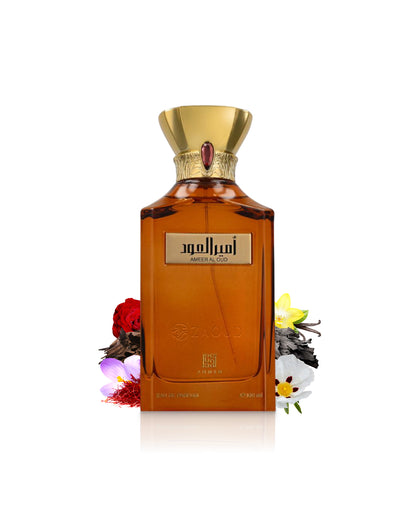 ahmed al maghribi ameer al oud perfume bottle surrounded by fragrance notes like spices and saffron shows against white background