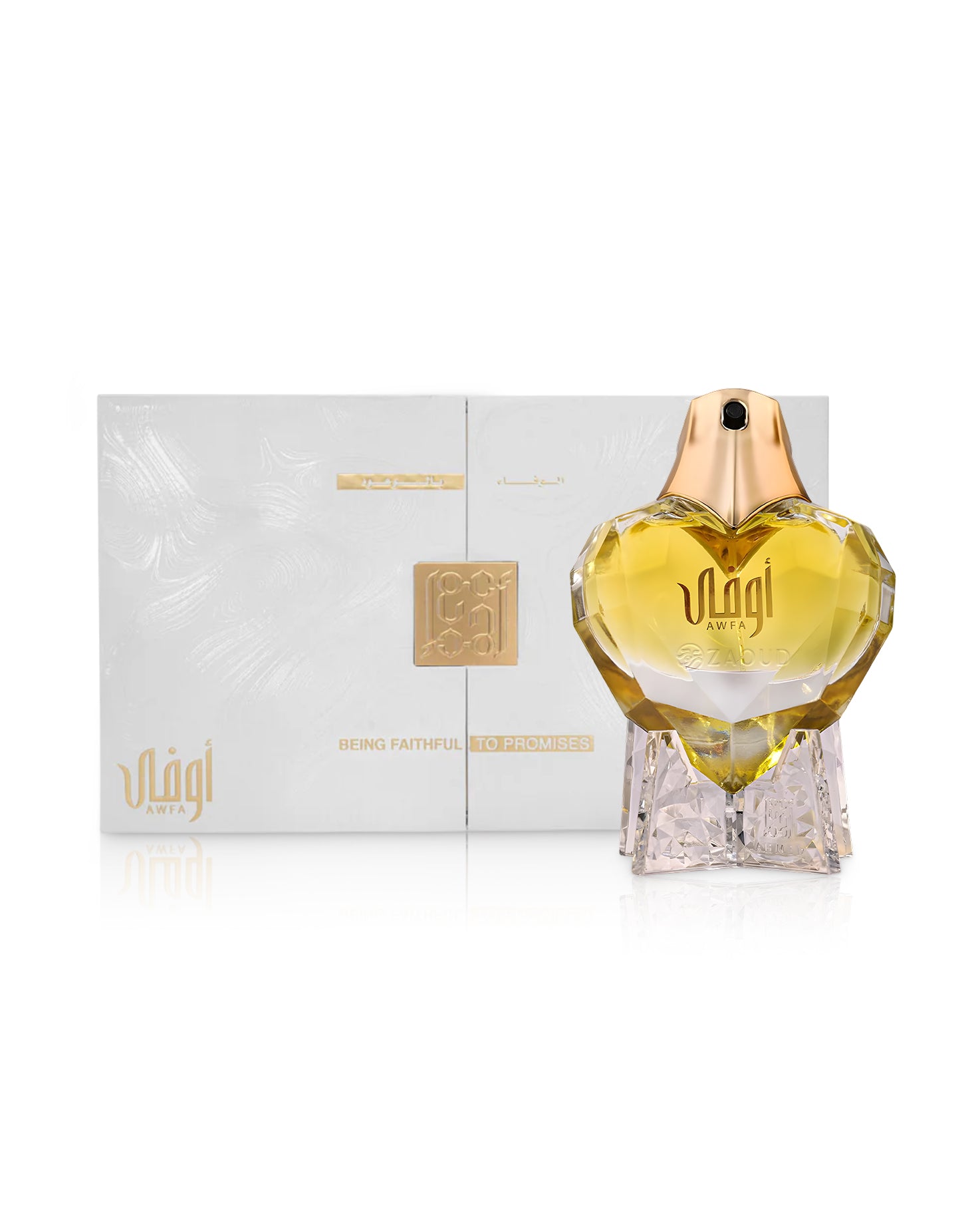 ahmed al maghribi awfa perfume bottle shows beside packaging against white background