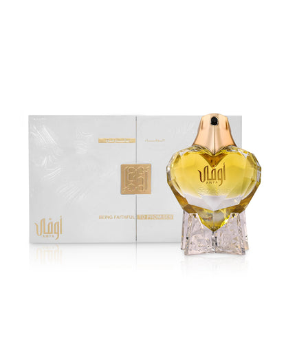 ahmed al maghribi awfa perfume bottle shows beside packaging against white background