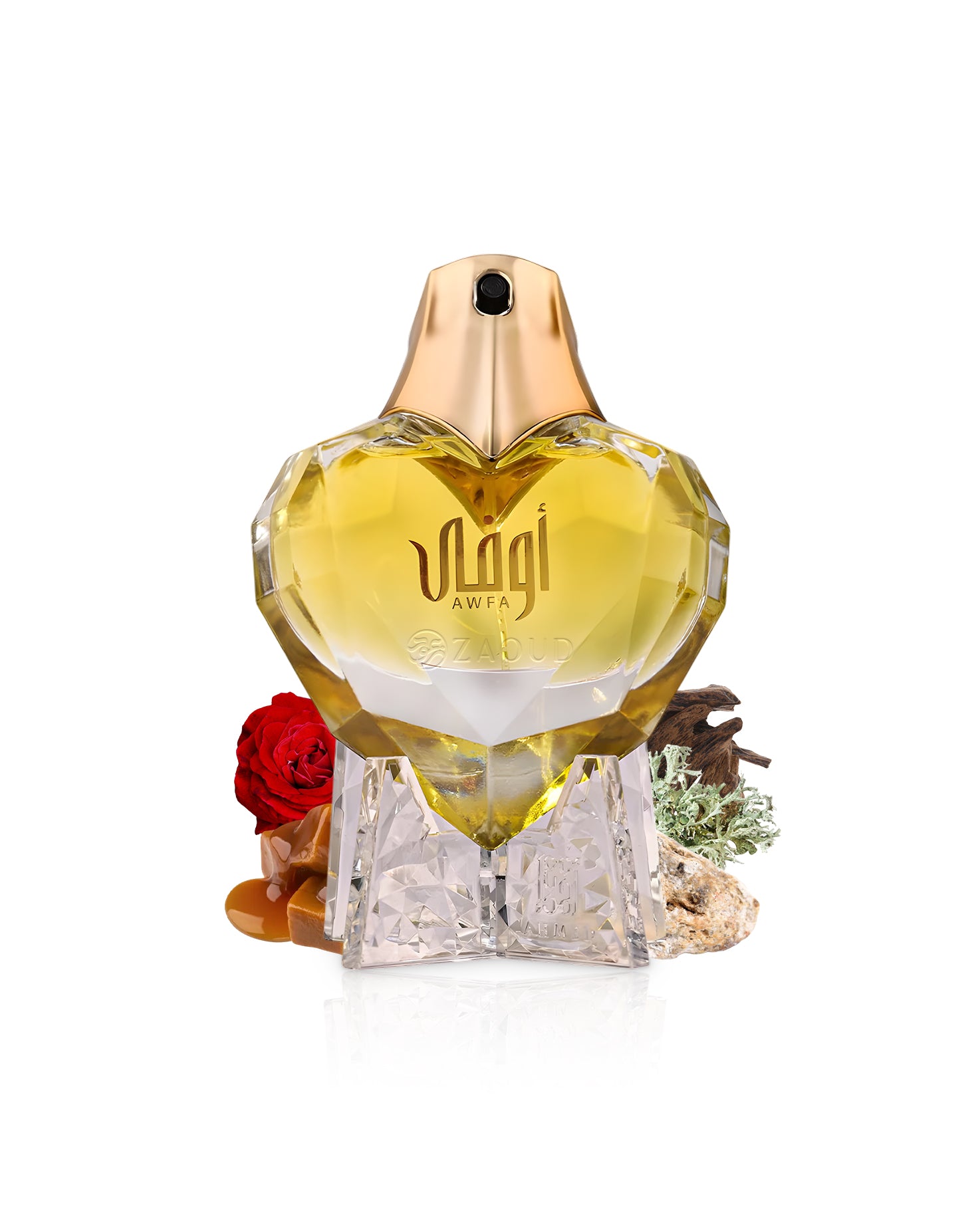 ahmed al maghribi awfa perfume bottle surrounded by fragrance notes like rose and oud shows against white background