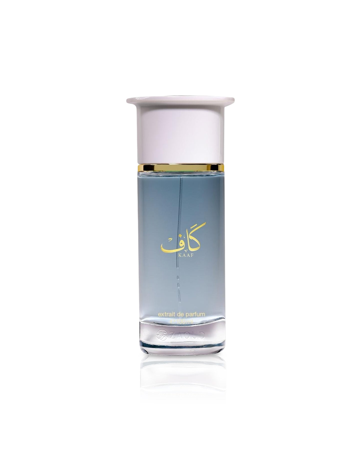ahmed al maghribi kaaf extrait Perfume bottle with a white cap and blue body on a white background