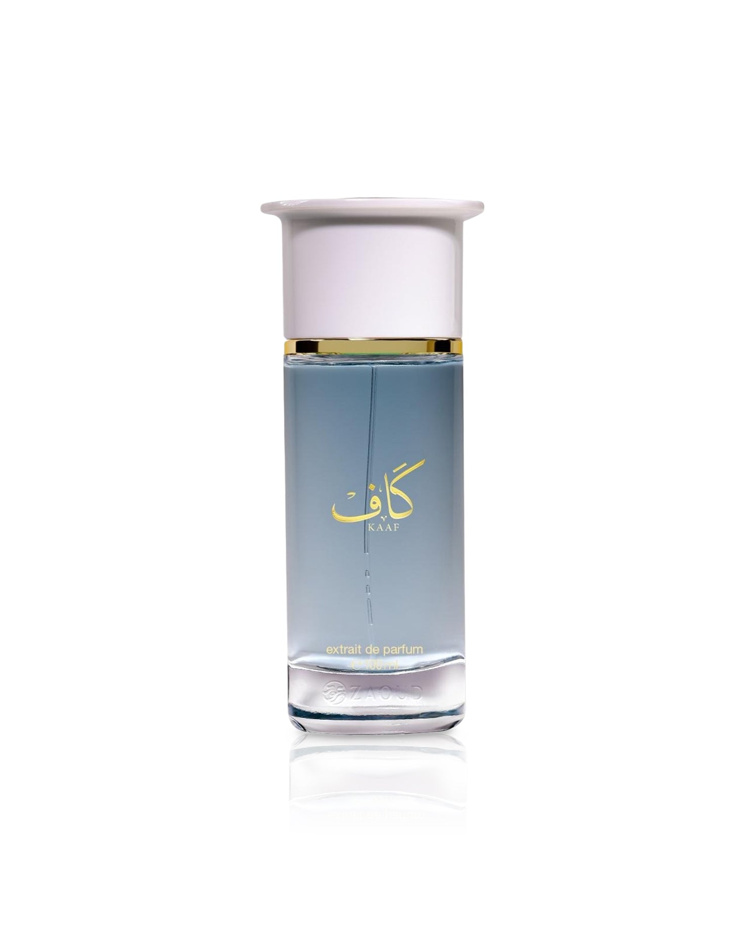 ahmed al maghribi kaaf extrait Perfume bottle with a white cap and blue body on a white background