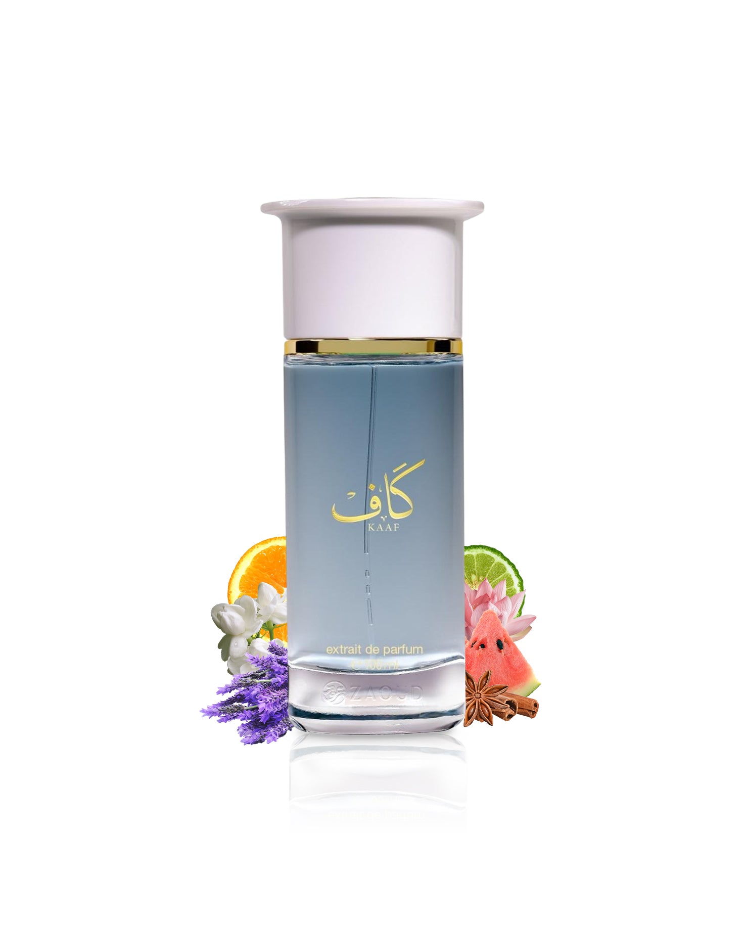 ahmed al maghribi kaaf extrait Perfume bottle with floral and fruit elements on a white background