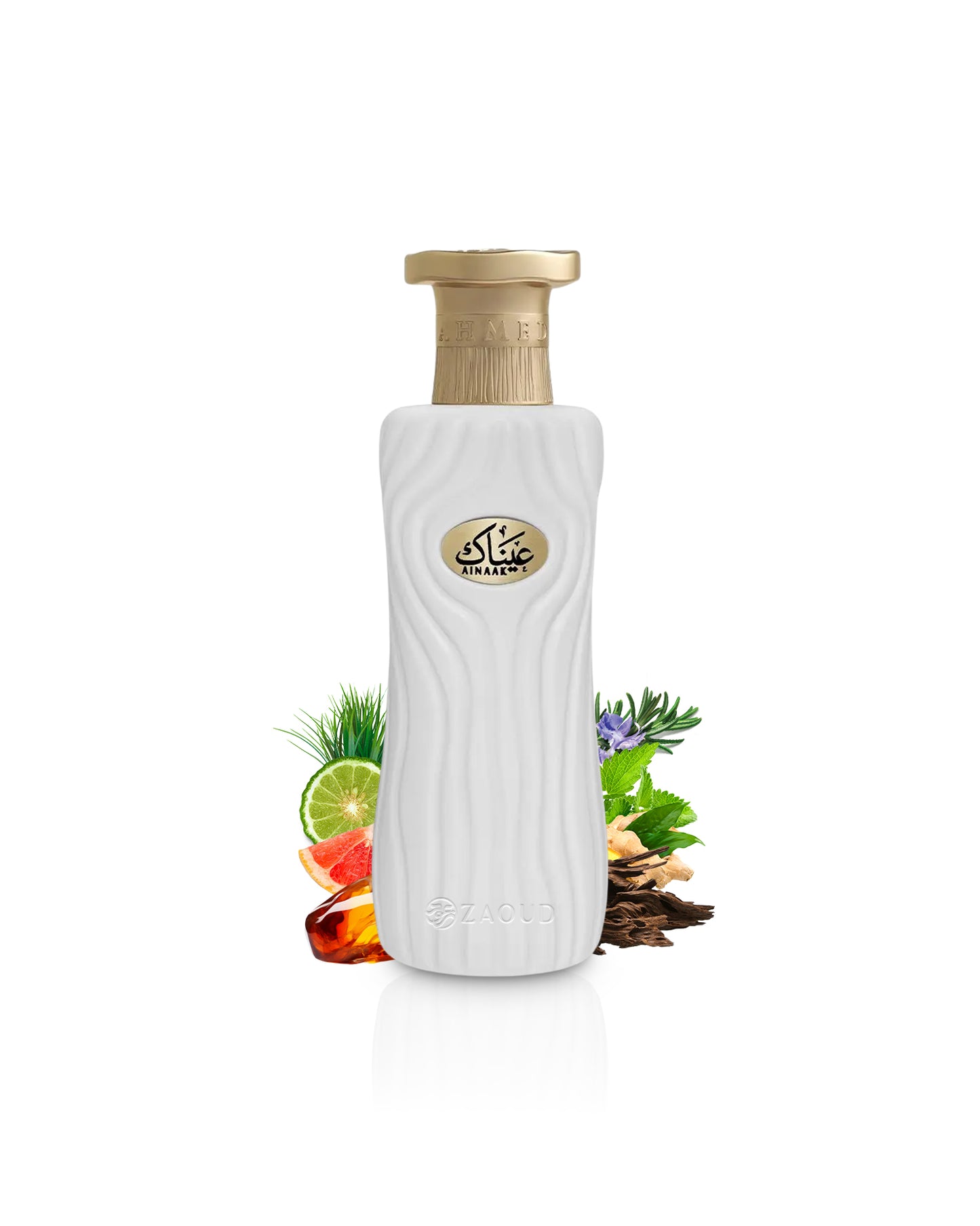 ahmed al maghribi ainaak perfume bottle surrounded by fragrance notes like amber and patchouli shows against white background