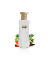 ahmed al maghribi ainaak perfume bottle surrounded by fragrance notes like amber and patchouli shows against white background