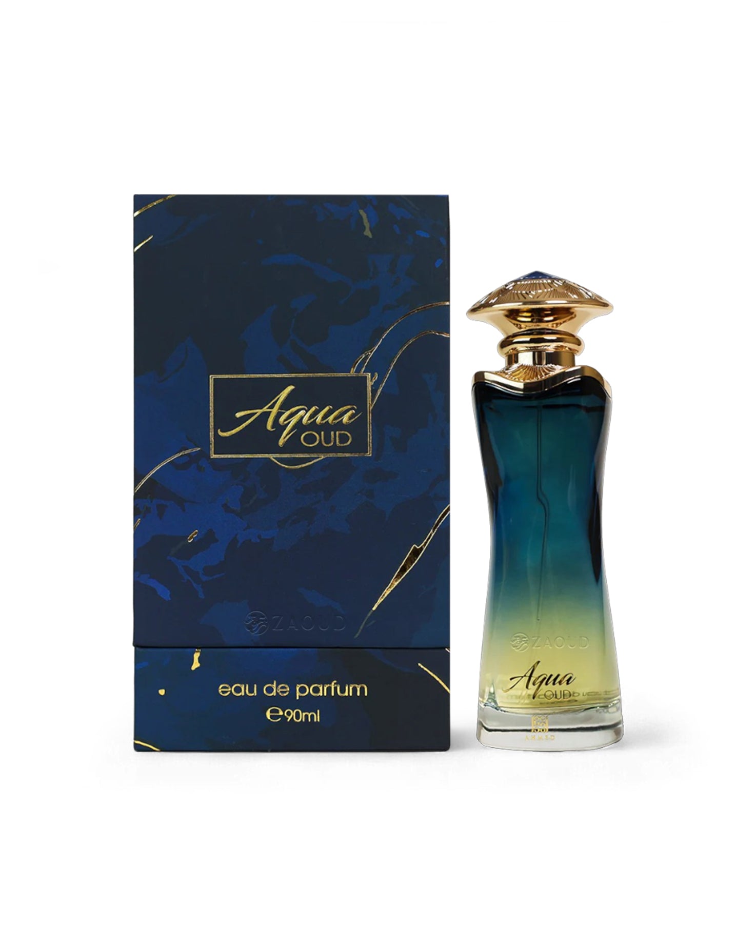 ahmed al maghribi aqua oud eau de parfum bottle and packaging on a white background