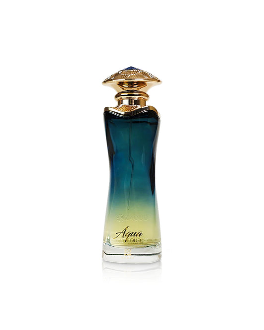 ahmed al maghribi aqua oud Perfume bottle with gradient design and 'Aqua' branding on a white background