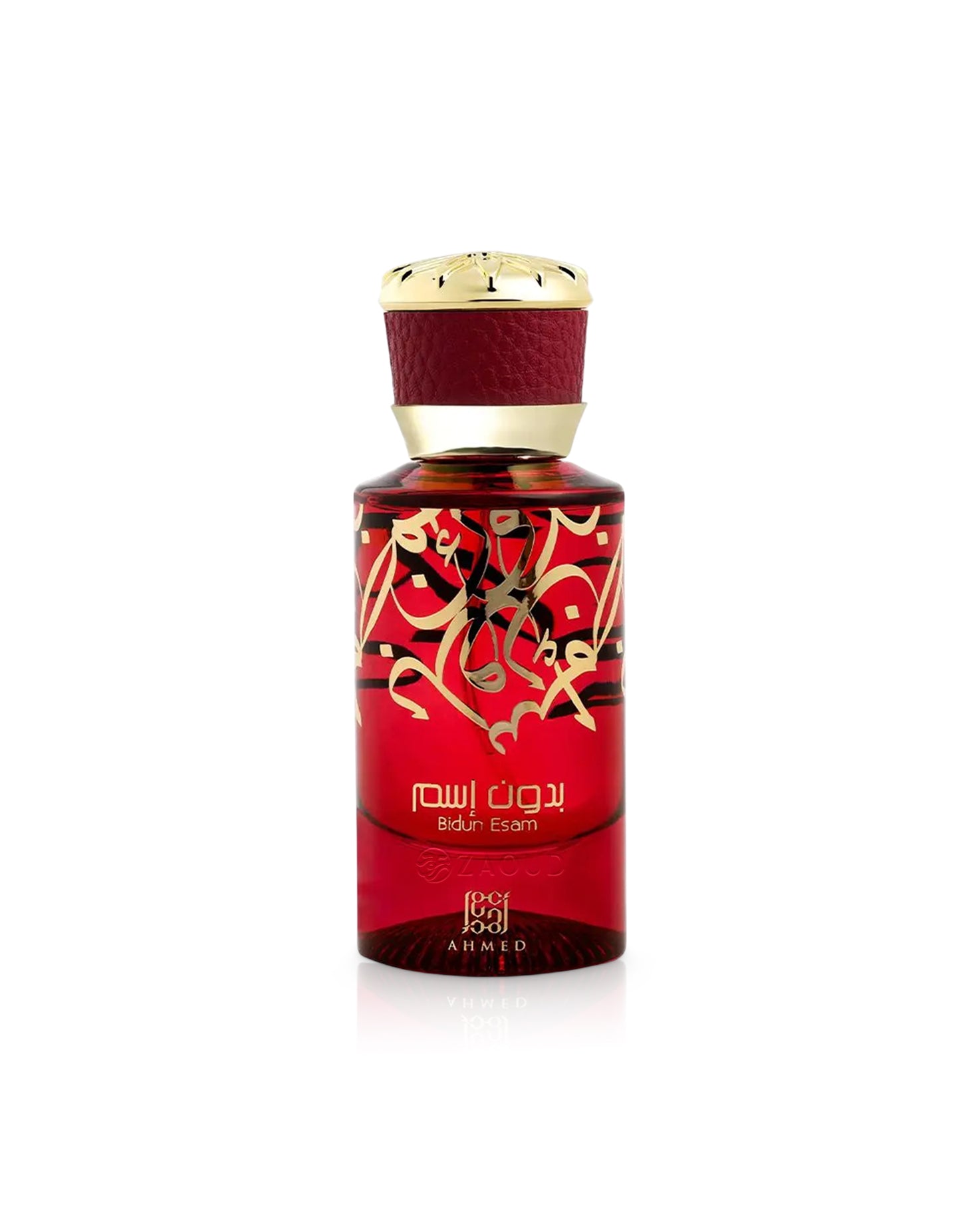 ahmed al maghribi bidun esam perfume red bottle shows against white background