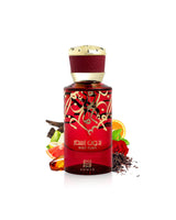 ahmed al maghribi bidun esam perfume red bottle surrounded by fragrance notes like rose and amber shows against white background