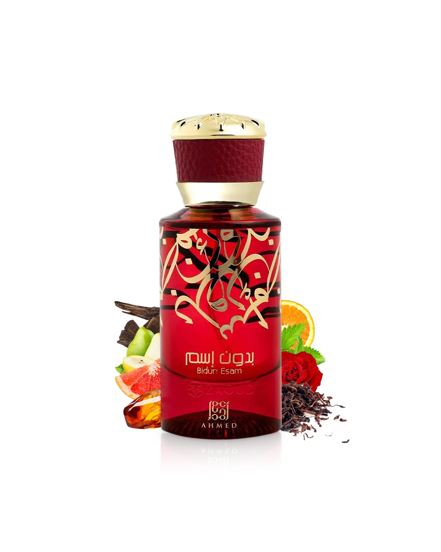 ahmed al maghribi bidun esam perfume red bottle surrounded by fragrance notes like rose and amber shows against white background