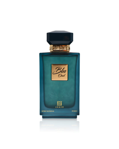 ahmed al maghribi blu oud perfume bottle shows against white background