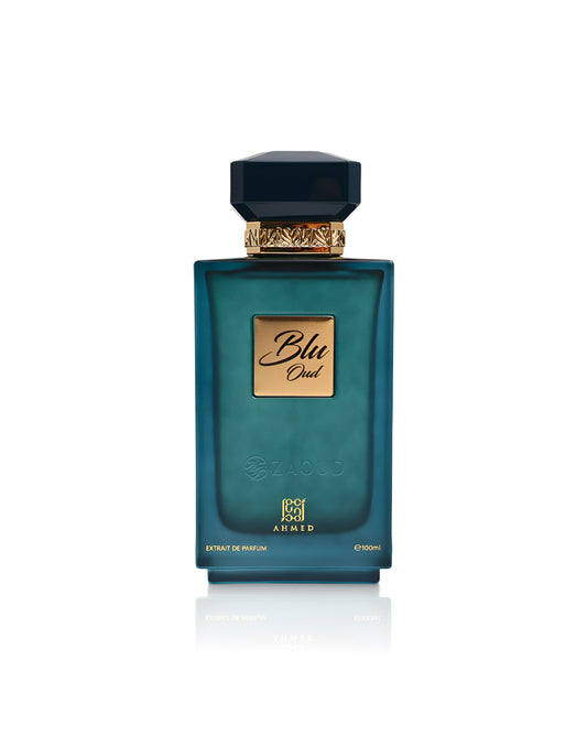 ahmed al maghribi blu oud perfume bottle shows against white background