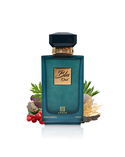 ahmed al maghribi blu oud perfume bottle surrounded by fragrance notes like oud and rosemary shows against white background