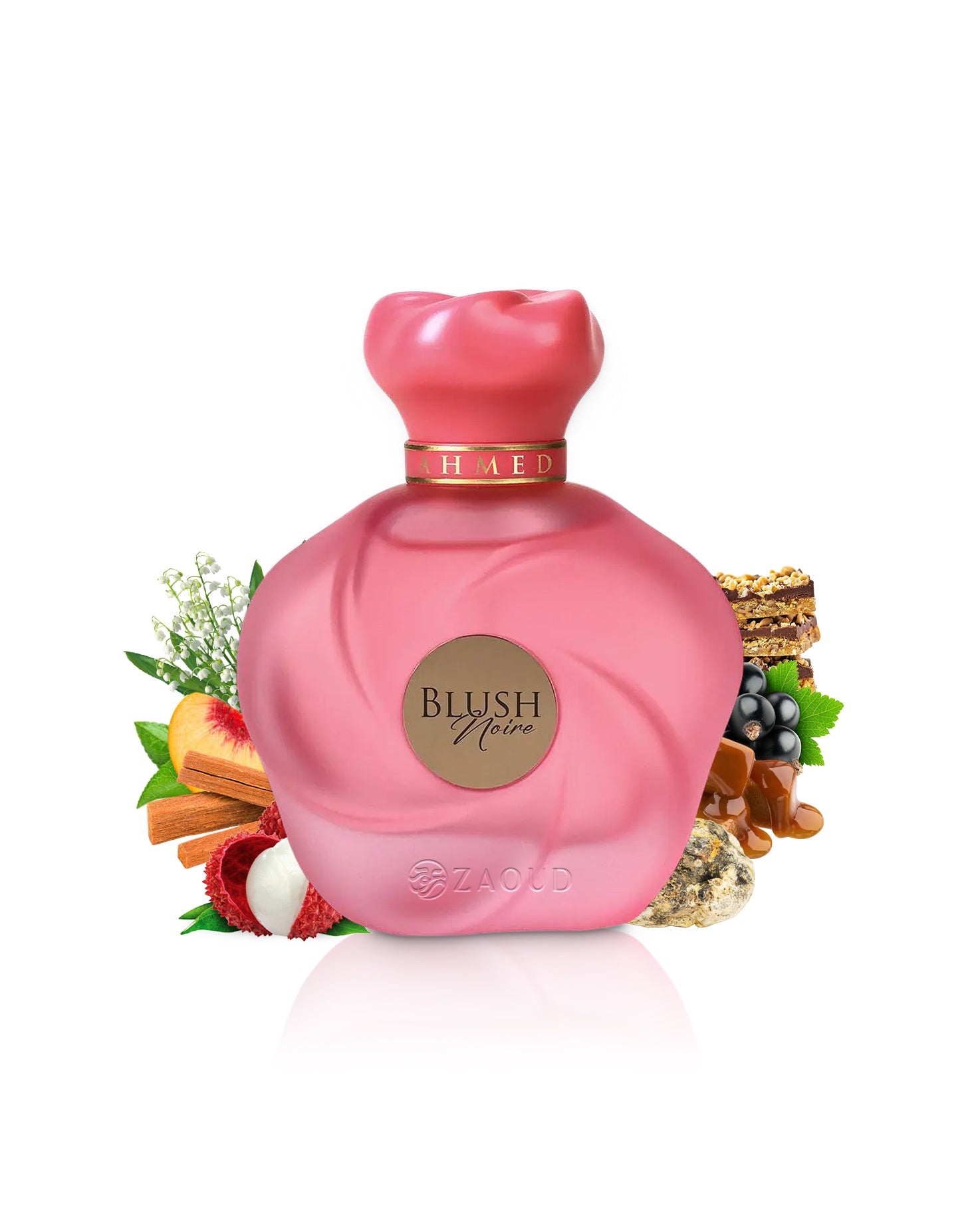 ahmed al maghribi blush noir perfume bottle surrounded by fragrance notes like litchi and peach shows against white background