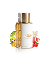 ahmed al maghribi perfume bottle surrounded by fragrance notes like fruits shows against white background