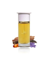 ahmed al maghribi ghaf perfume bottle surrounded by fragrance notes like amber and leather shows against white background