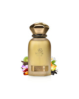 Ahmed al maghribi ignite rose Gold perfume bottle with decorative elements like amber and saffron on a white background
