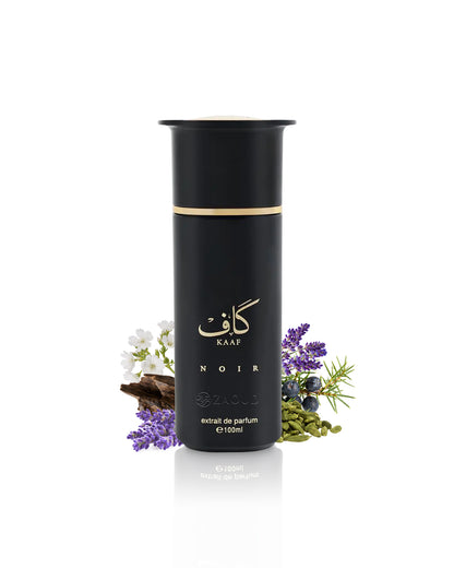 ahmed al maghribi kaaf noir perfume bottle surrounded by fragrance notes like lavender and cardamom shows against white background