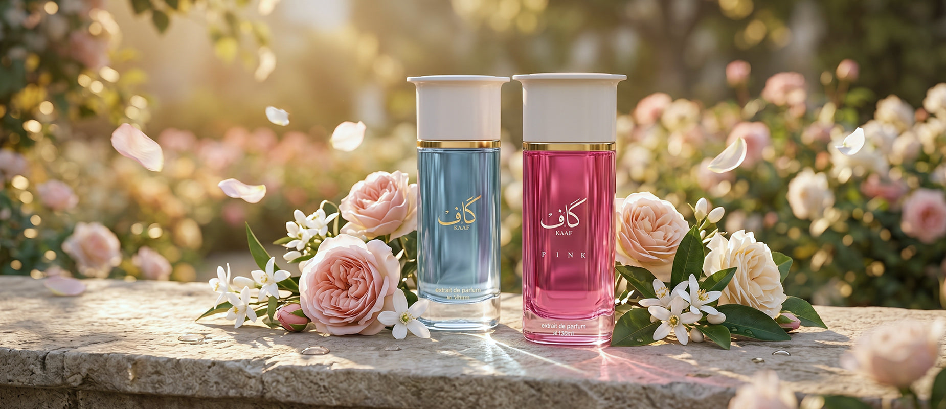 ahmed al maghribi kaaf and kaaf pink perfume bottles photograph over wall beside roses