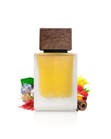 ahmed al maghribi leather perfume bottle surrounded with fragrance notes like saffron and leather shows against white background