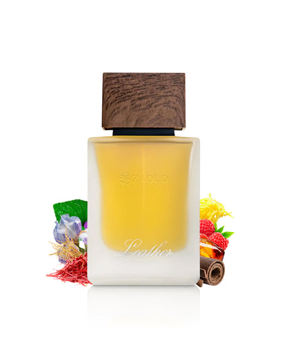 ahmed al maghribi leather perfume bottle surrounded with fragrance notes like saffron and leather shows against white background