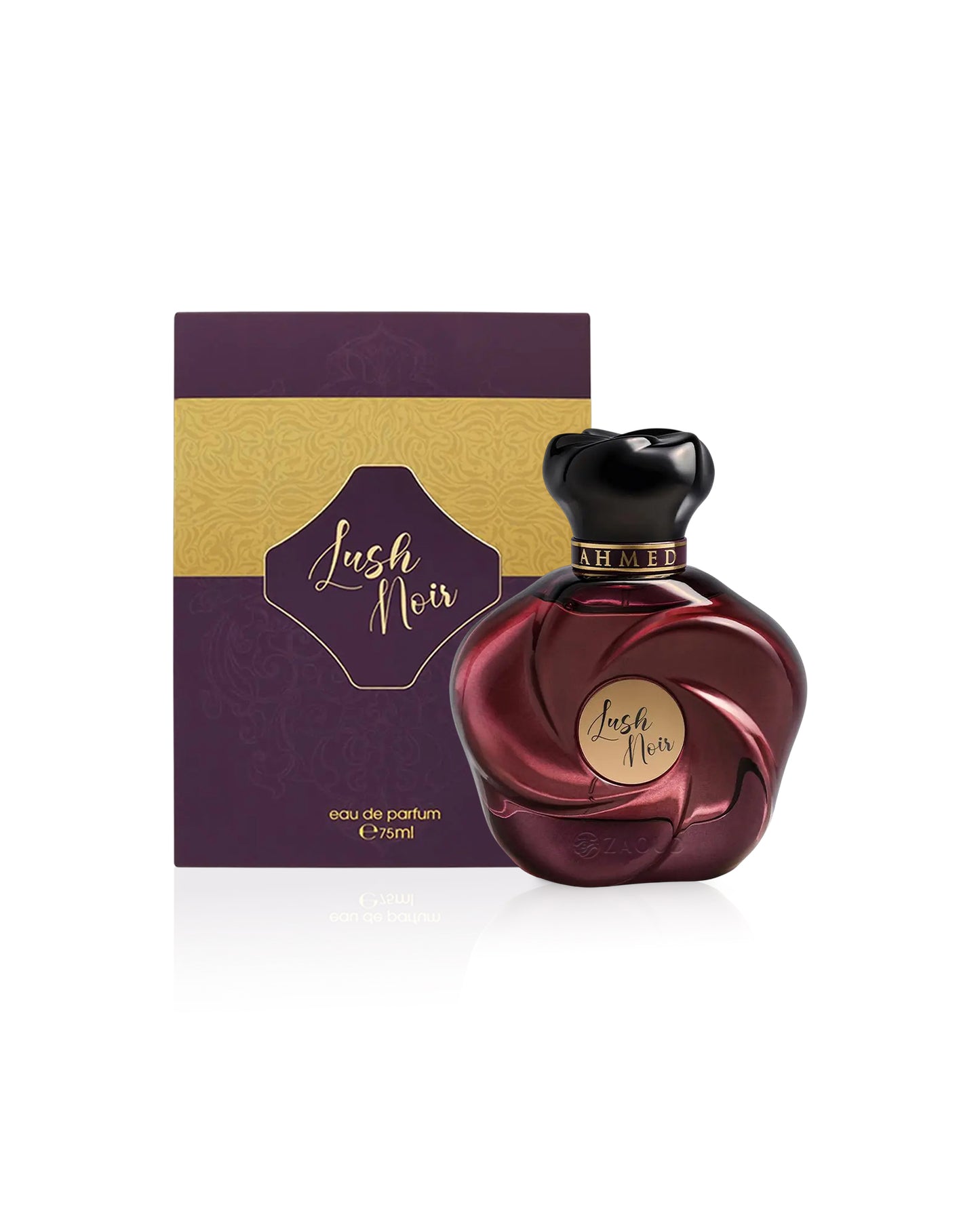 ahmed al maghribi lush noir perfume bottle shows beside its packaging against white background