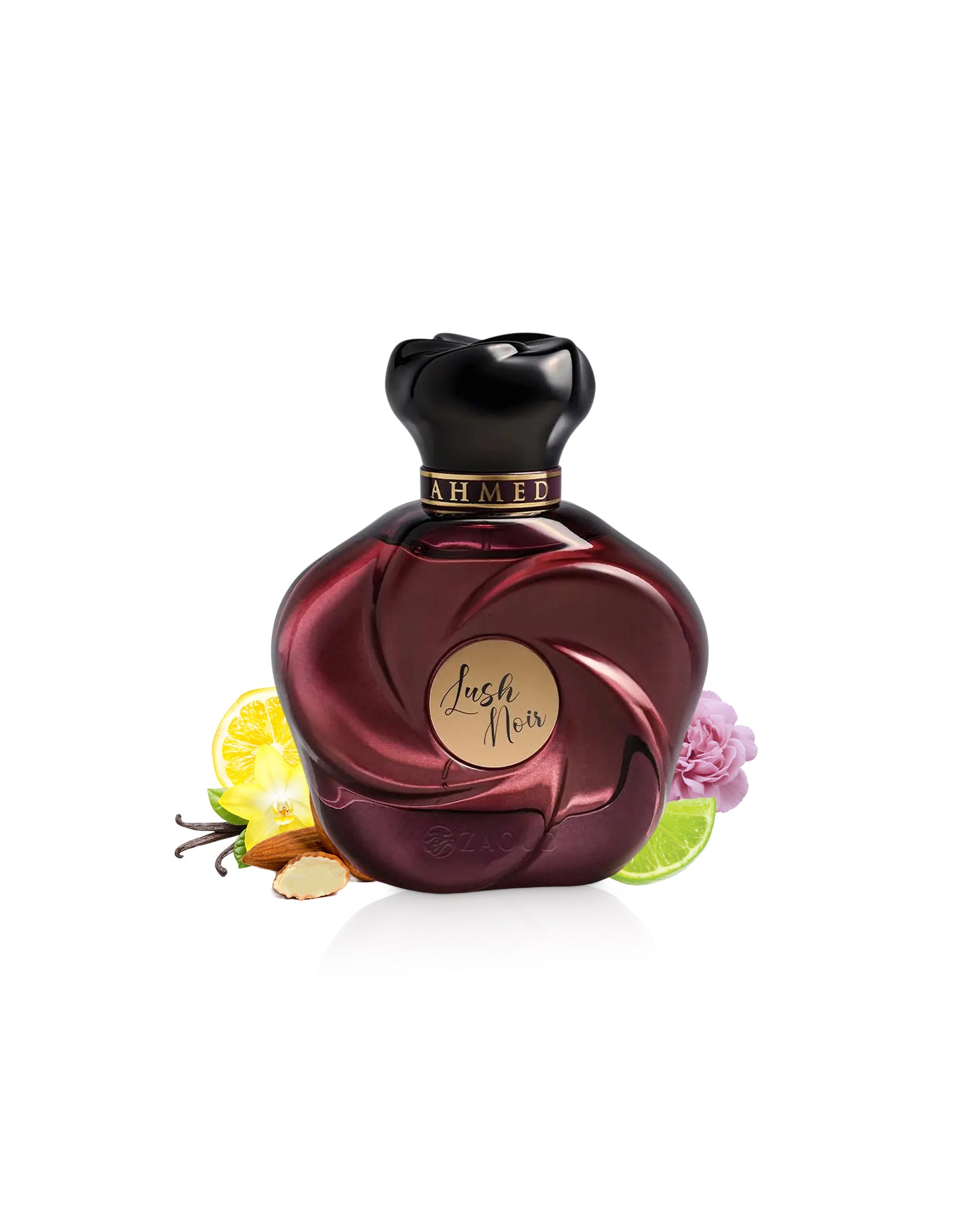 ahmed al maghribi lush noir perfume bottle surrounded by fragrance notes like almond and lime shows against white background