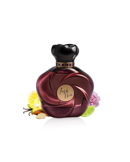 ahmed al maghribi lush noir perfume bottle surrounded by fragrance notes like almond and lime shows against white background