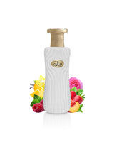 ahmed al maghribi marin perfume bottle surrounded by fragrance notes like peach and raspberry shows against white background