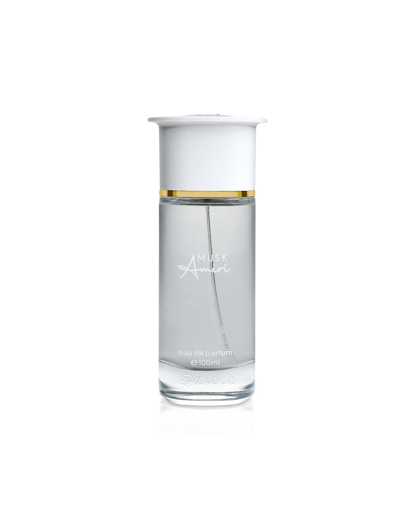 ahmed al maghribi musk amiri Clear glass perfume bottle with gold accent on a white background