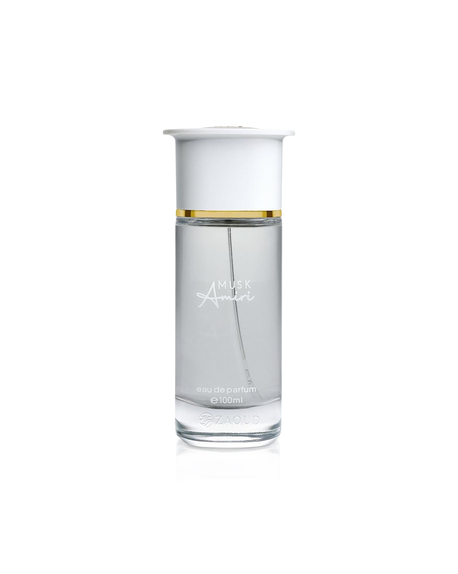 ahmed al maghribi musk amiri Clear glass perfume bottle with gold accent on a white background