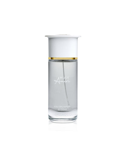 ahmed al maghribi musk amiri Clear glass perfume bottle with gold accent on a white background