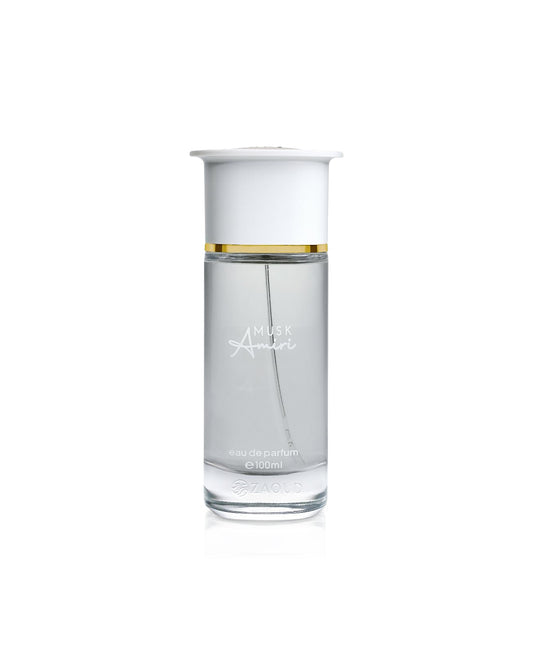 ahmed al maghribi musk amiri Clear glass perfume bottle with gold accent on a white background