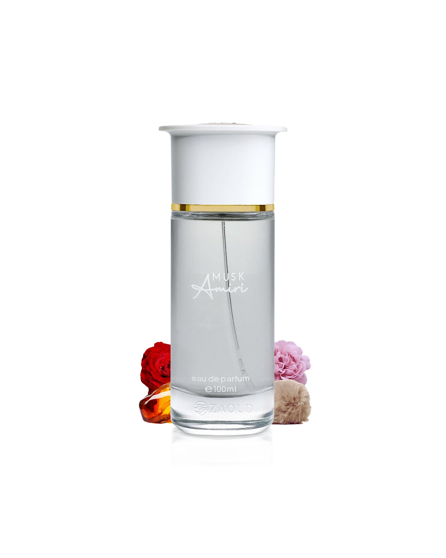 ahmed al maghribi musk amiri perfume bottle with flowers on a white background