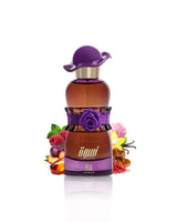 ahmed al maghribi niswah perfume bottle surrounded by fragrance notes like plum and rose shows against white background