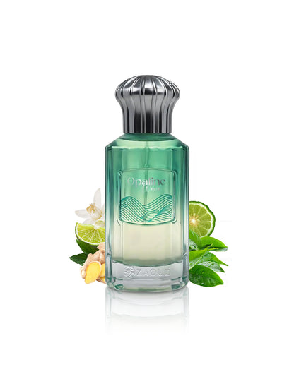 ahmed al maghribi opaline wave perfume bottle surrounded by ginger and tea leaves shows against white background