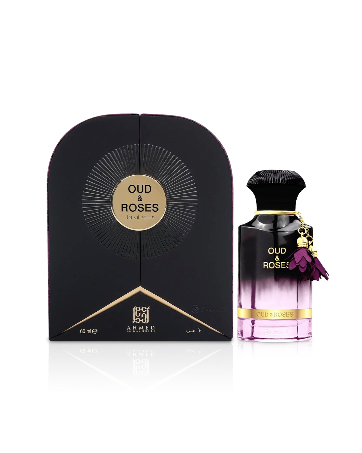ahmed al maghribi oud and roses extrait perfume bottle shows beside ita packaging against white background