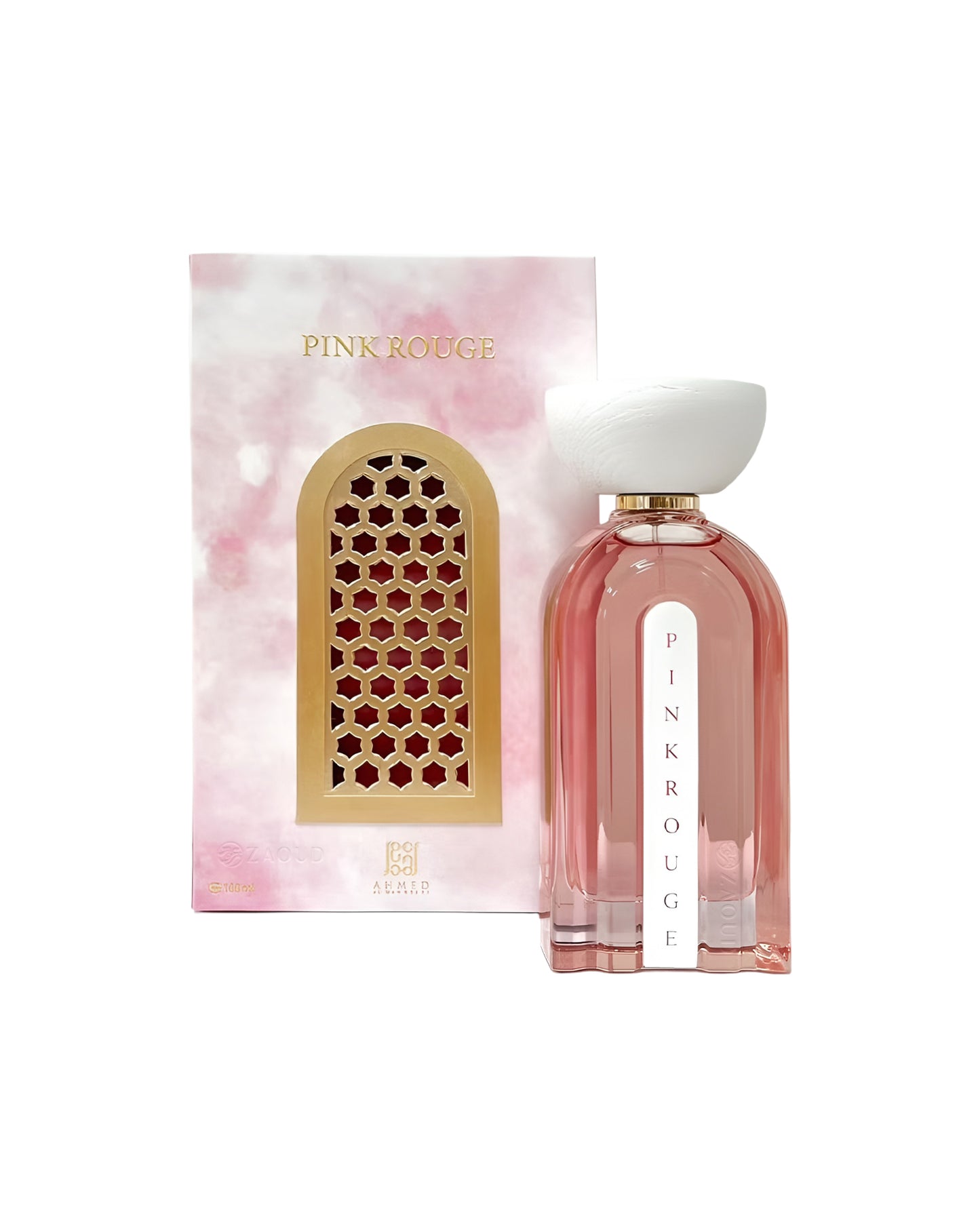 ahmed al maghribi pink rouge perfume bottle shows beside its box against white background