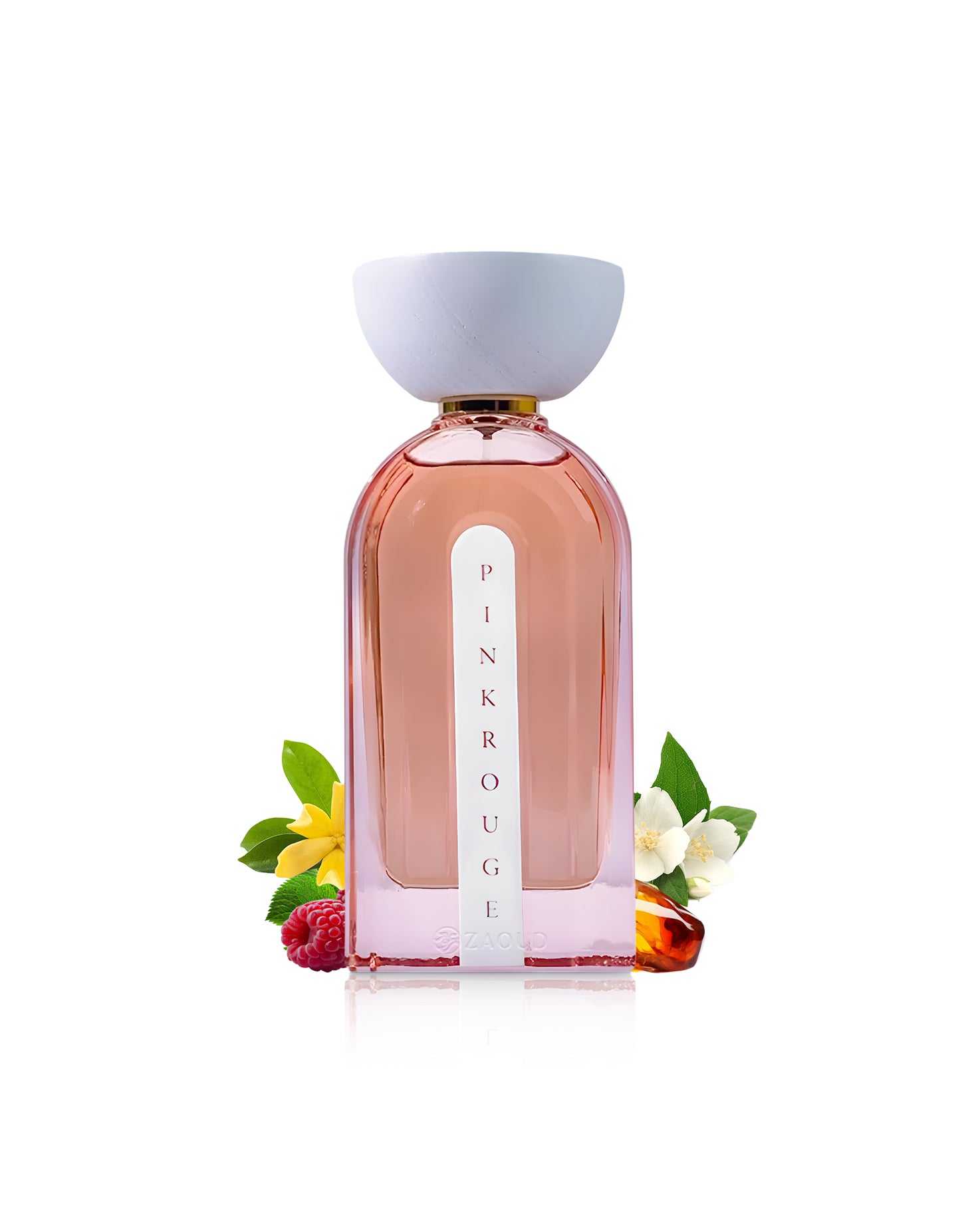 ahmed al maghribi pink rouge perfume bottle surrounded by fragrance notes like fruits and amber shows against white background