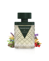 ahmed al maghribi prometheus perfume bottle surrounded by pink pepper and lavender shows against white background