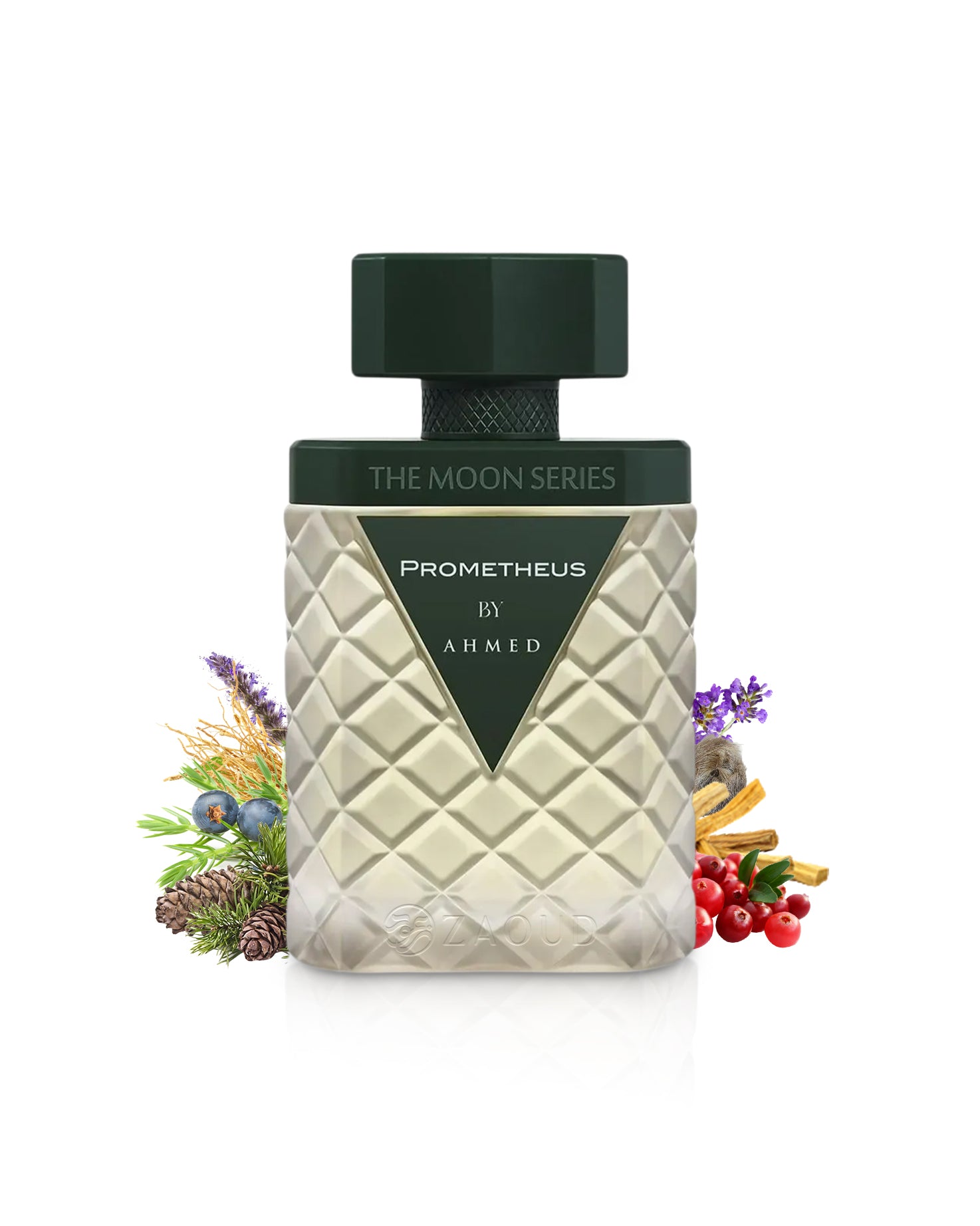 ahmed al maghribi prometheus perfume bottle surrounded by pink pepper and lavender shows against white background
