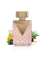 ahmed al maghribi rhea perfume bottle surrounded by fragrance notes like apple and flowers shows against white background