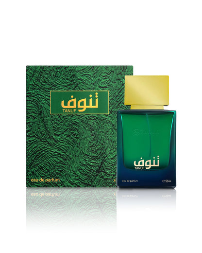 ahmed al maghribi tanuf perfume bottle shows beside its packaging against white background