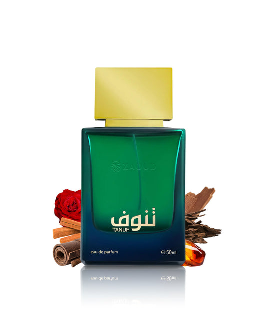 ahmed al maghribi tanuf perfume bottle surrounded with fragrance notes like amber and leather shows against white background
