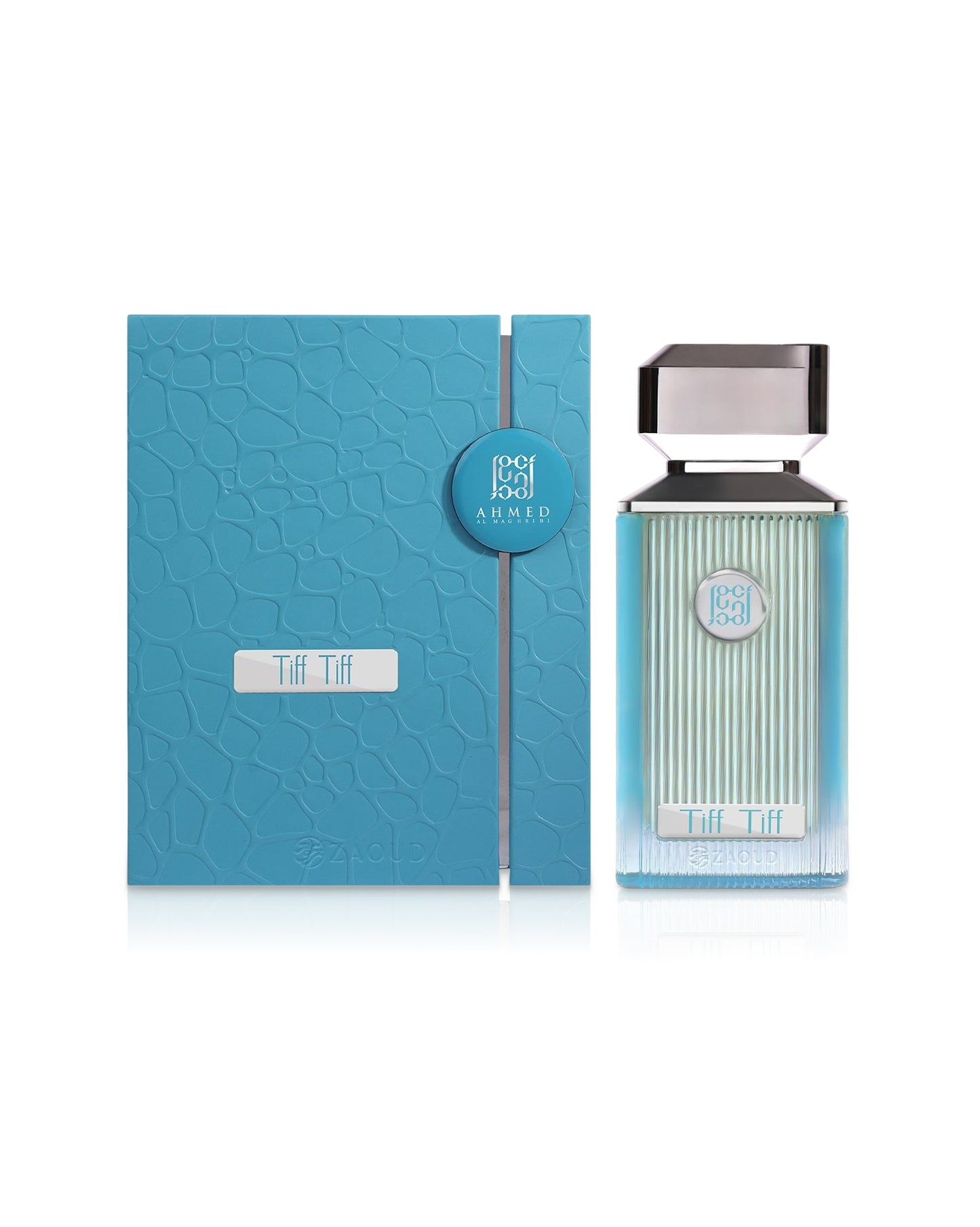 ahmed al maghribi tiff tiff perfume bottle shows beside its packaging against white background