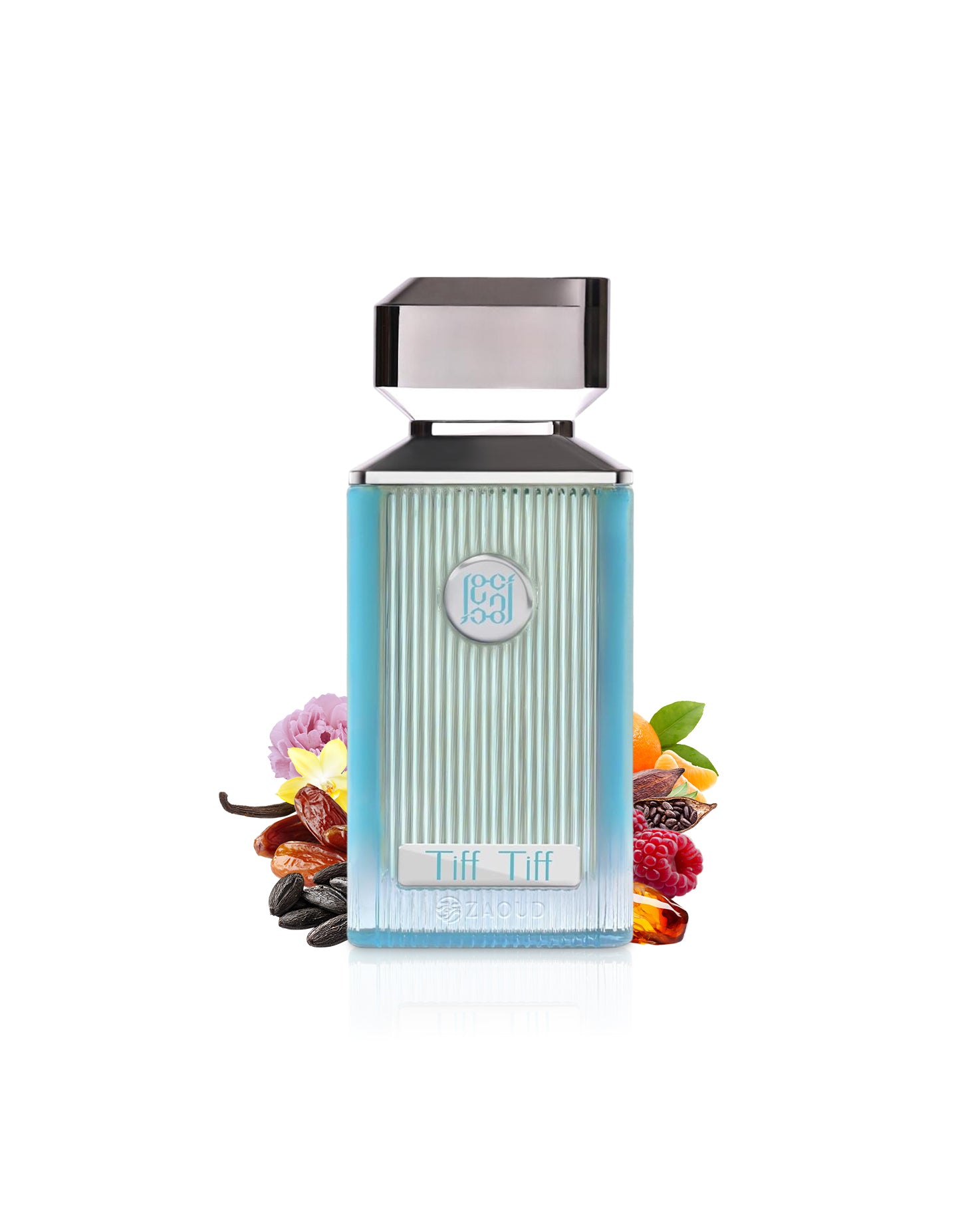 ahmed al maghribi tiff tiff perfume bottle surrounded by fragrance notes like tonka and dates shows against white background