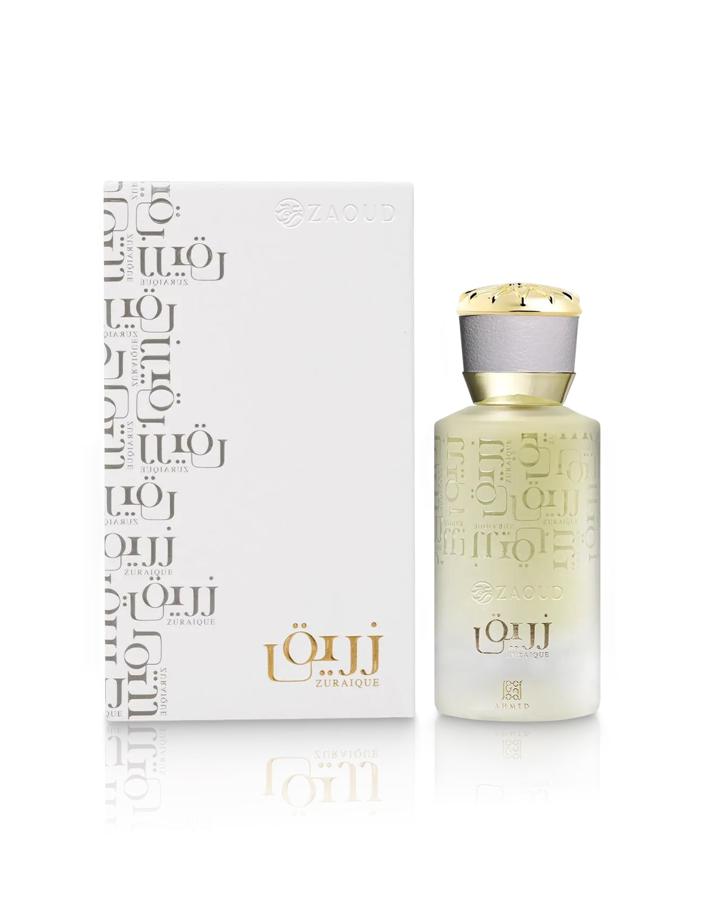 ahmed al maghribi zuraique perfume bottle shows beside its packaging against white background